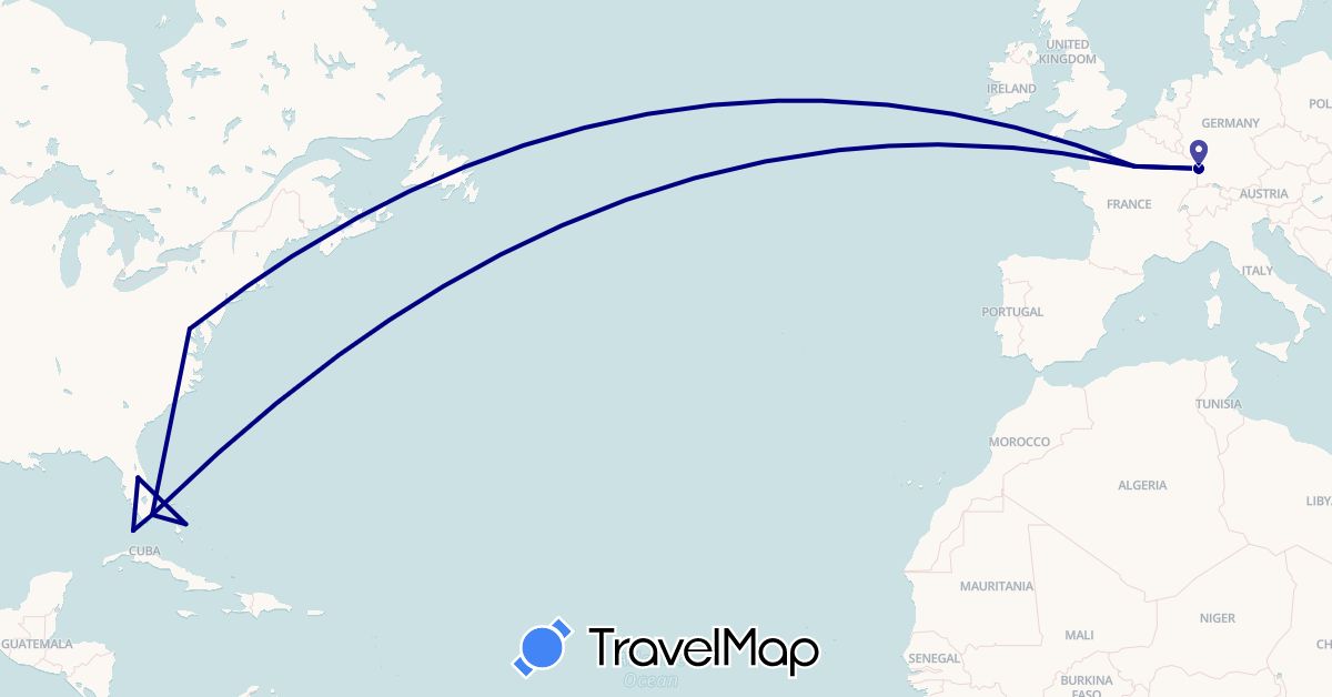 TravelMap itinerary: driving in Bahamas, France, United States (Europe, North America)